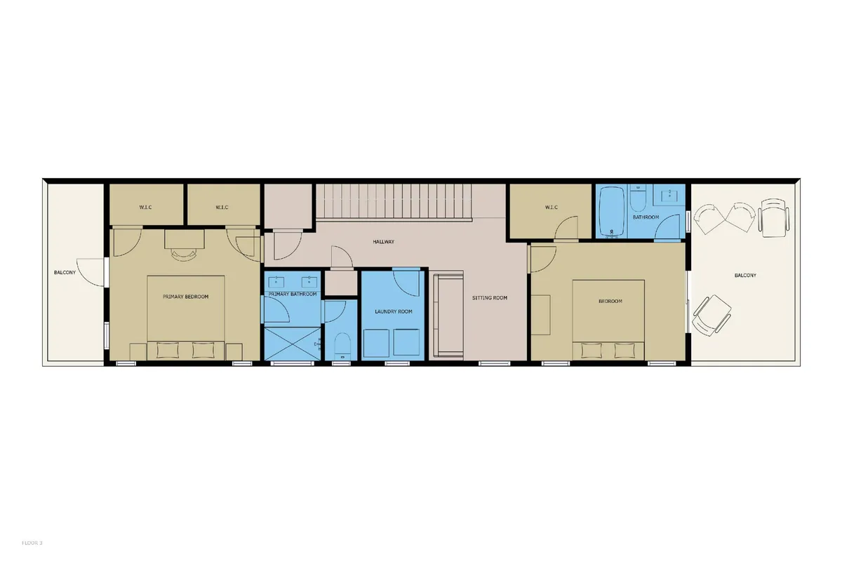 This interior photo showcases a sitting room with access to a balcony and a visible laundry room. The space feels practical and welcoming, with natural light and views that suggest efficiency and comfort.
