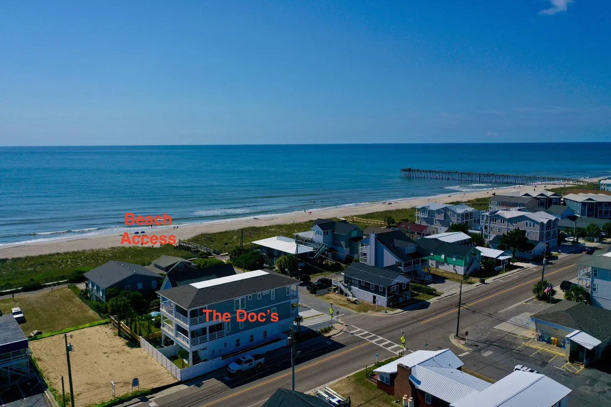 A wide view of the beach shows gentle waves, the ocean, a beach access pathway, houses, and the pier in the distance. The scene is tranquil and welcoming, suggesting opportunities for swimming, sunbathing, fishing, and walking along the shoreline. The composition hints at the ease of exploring local shops and returning home.