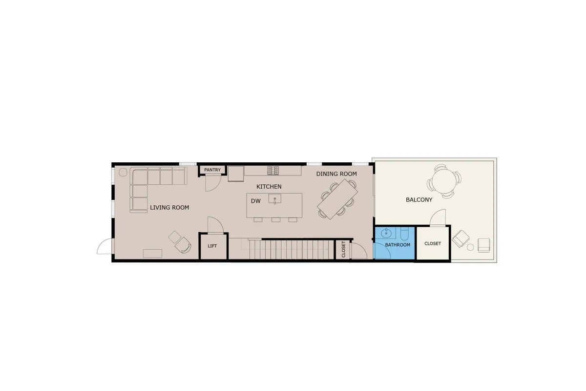 An open-plan living space encompassing a living room, dining room, kitchen, and balcony access. The layout is inviting and spacious, with comfortable furnishings and areas for relaxation, dining, and watching sunsets.